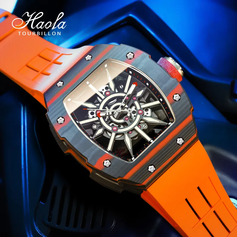 Haofa Automatic Skeleton Mechanical Watch For Men Super Luminous Sapphire Self-wind Movement Mens Watch Carbon Fiber Bezel  1905