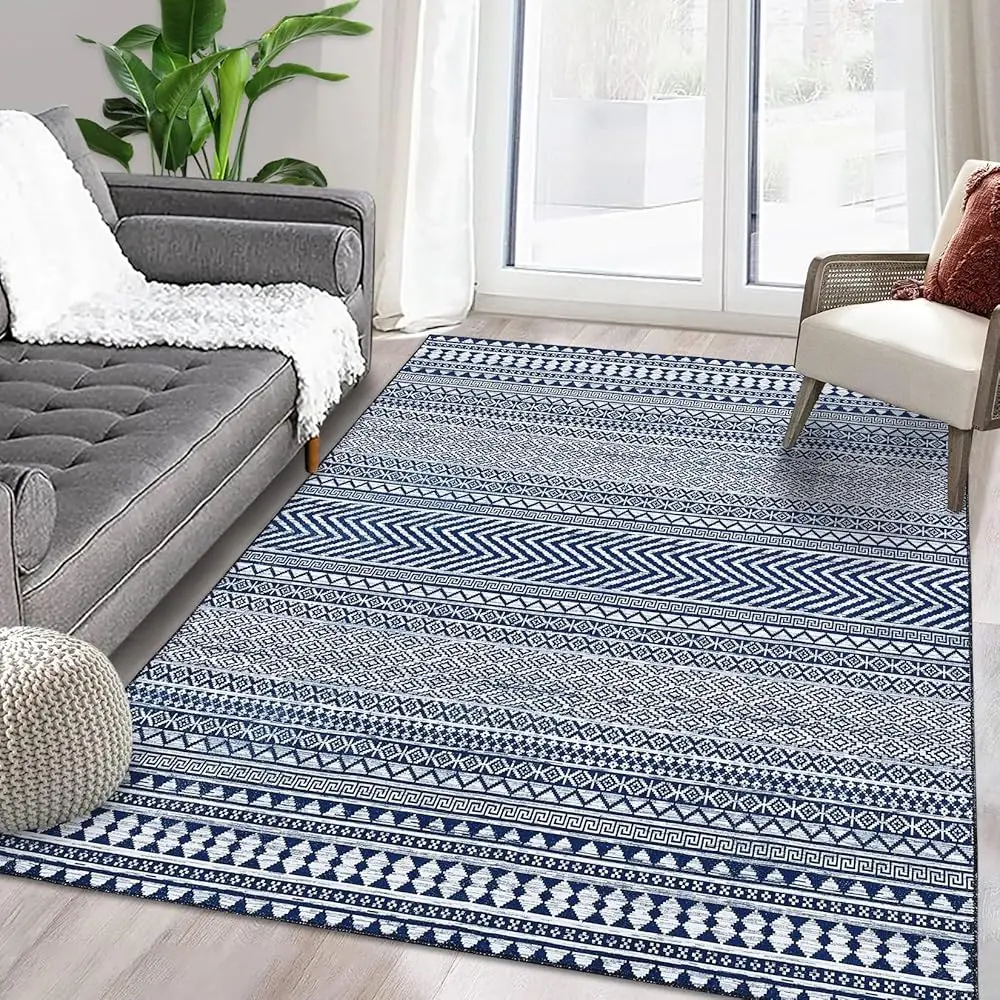

Boho Hine Washable Area Rug Blue Small Rug Geometric Farmhouse Rug Mat Stain Resistant Non-Slip Area Rug Mat For Living Room