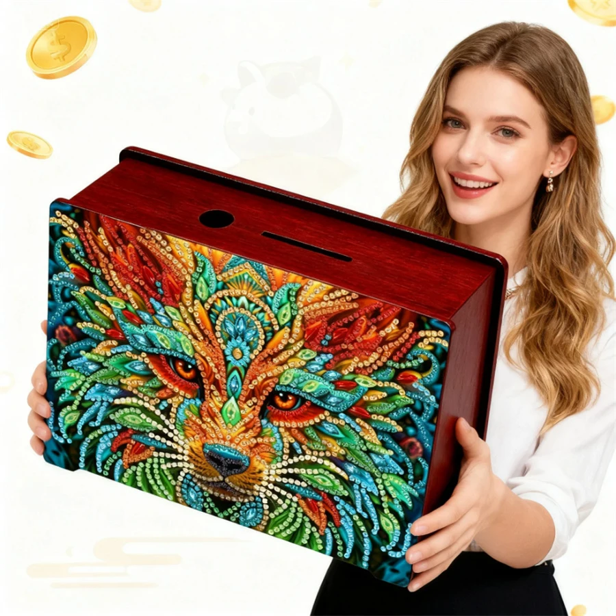 

DIY Diamond Painting Money Saving Box Wooden Coin Bank Desktop Diamond Art Kits Rhinestones Desktop Ornaments for Home Decor