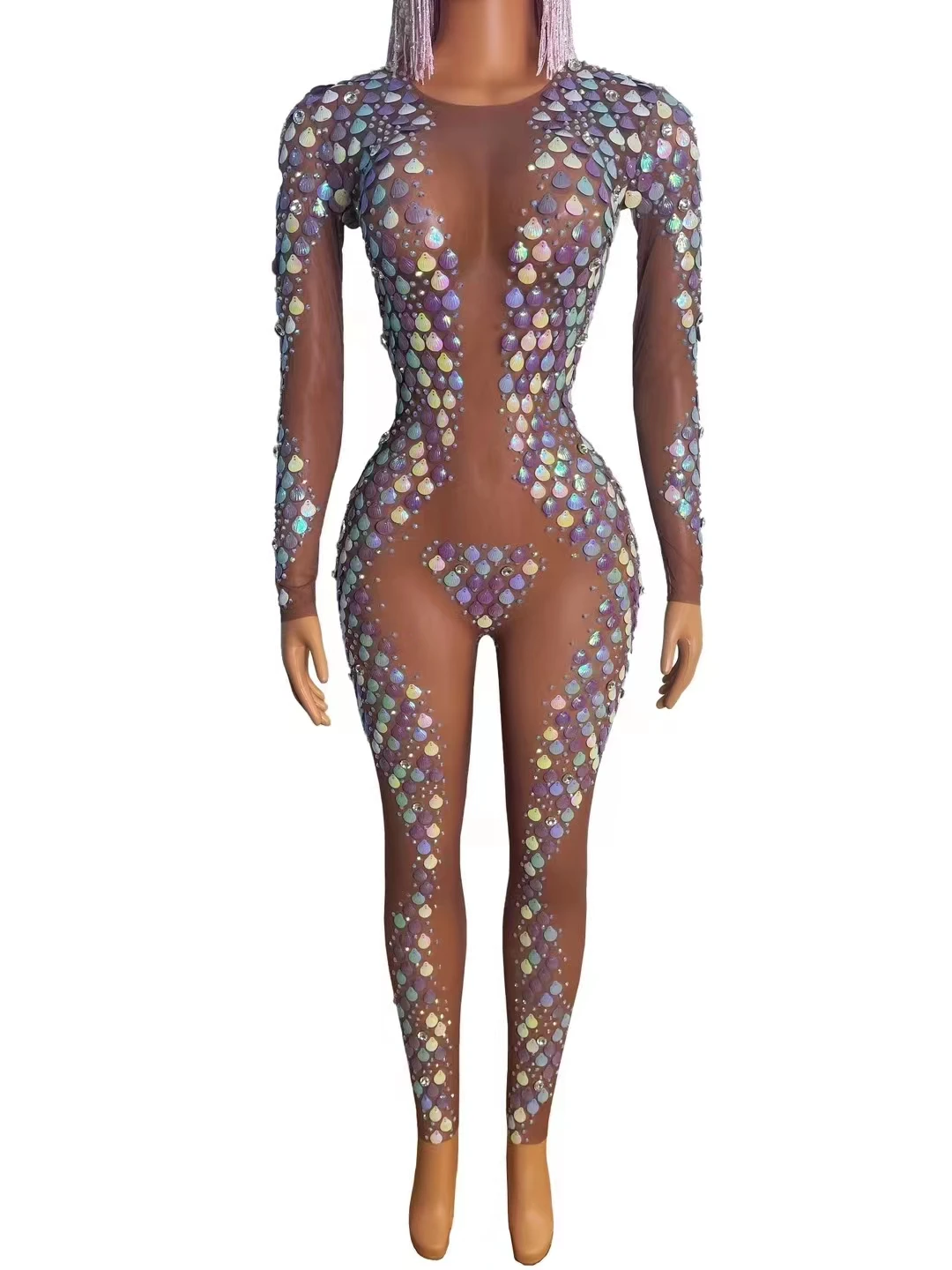 Colored Shell One Piece Perspective Mesh_ong Sleeve Tight Sexy Shell Diamond Ring BarPerformance Dress  A436