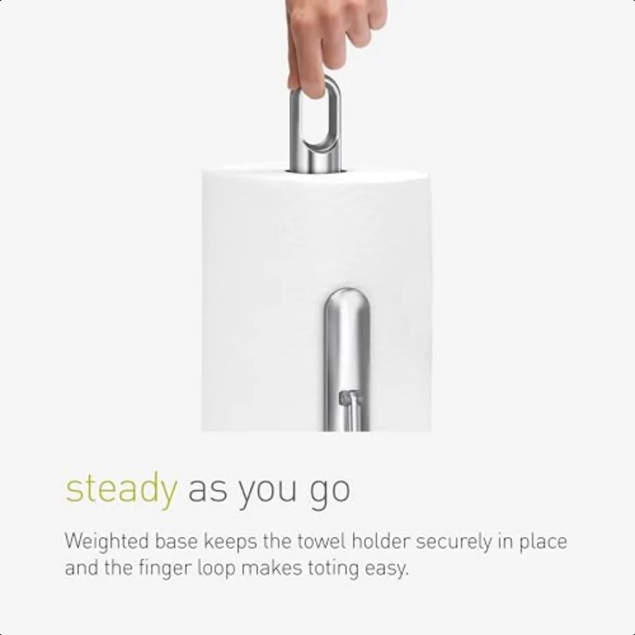 Soporte para papel de cocina de pie con brazo de tensión, resistente, fácil, con una sola mano, encimera de cocina, acero inoxidable cepillado
