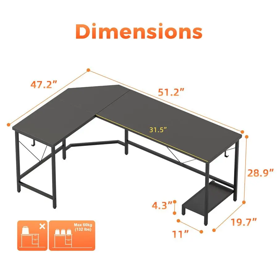 مكتب ألعاب زاوية كبيرة مقاس 50 بوصة، مكتب بسيط على شكل حرف L مع خطافات حامل وحدة المعالجة المركزية، مكتب كمبيوتر للمنزل، غرفة النوم والمكتب