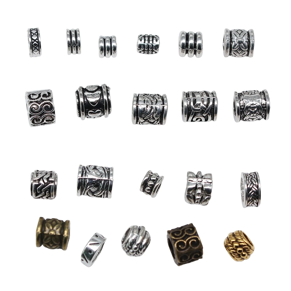 20 piezas cuentas espaciadoras talladas redondas con agujero grande para fabricación de joyería Color plata antigua manualidades DIY hallazgos hechos a mano