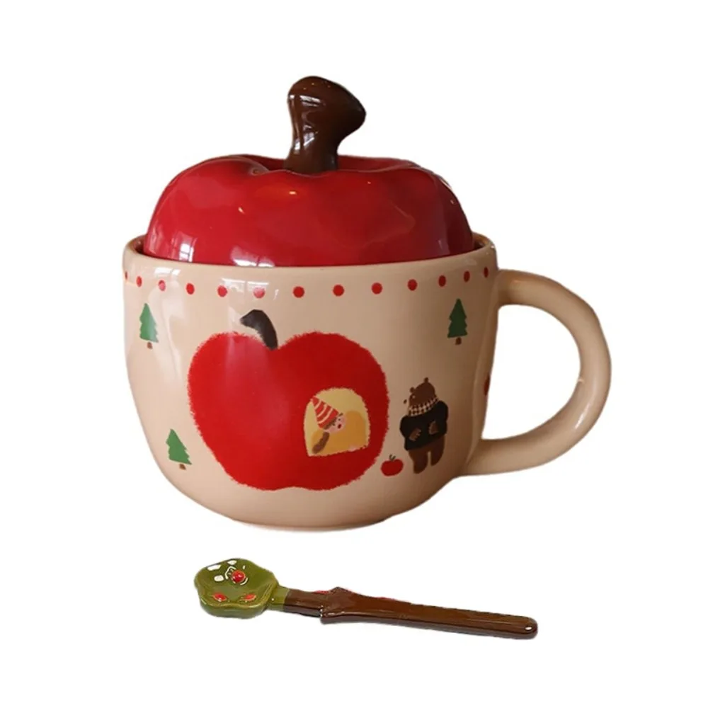 

Drinkware Ceramic Fruit Shape Mug 420ml Cartoon Couple Water Cup with Lid and Spoon Coffee Mug Gift
