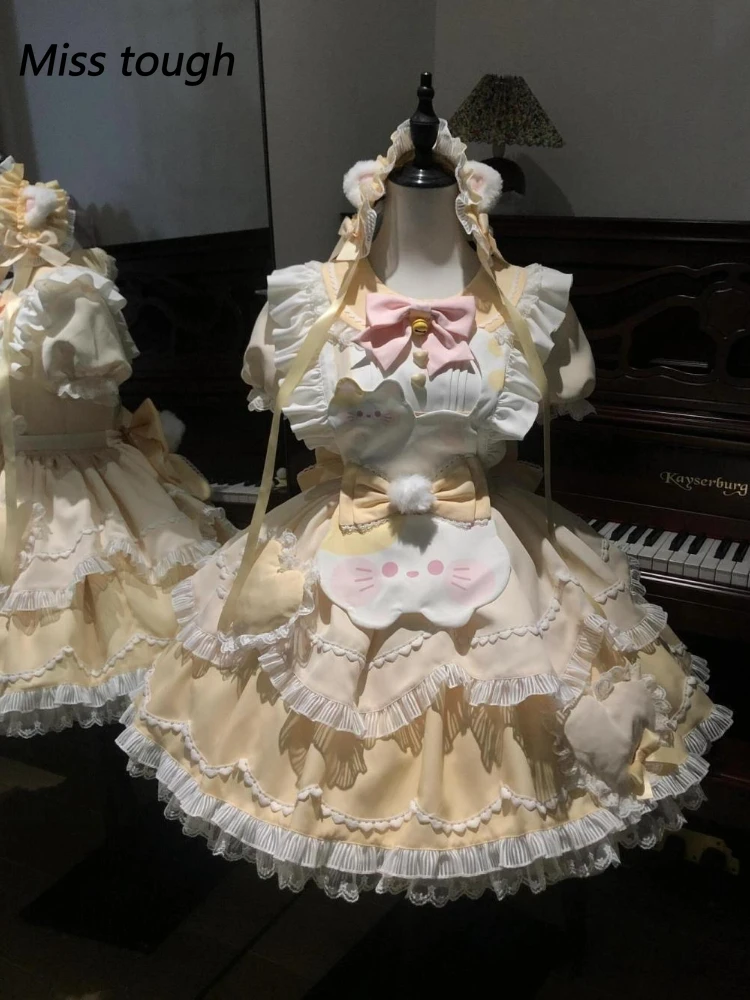 

Kawaii Lolita Skirt Set Women Yellow Ruffle Bow Kitten Ears Apron Dress Outfit Cute Bell Puff Sleeve Sweet Harajuku Maid Suit