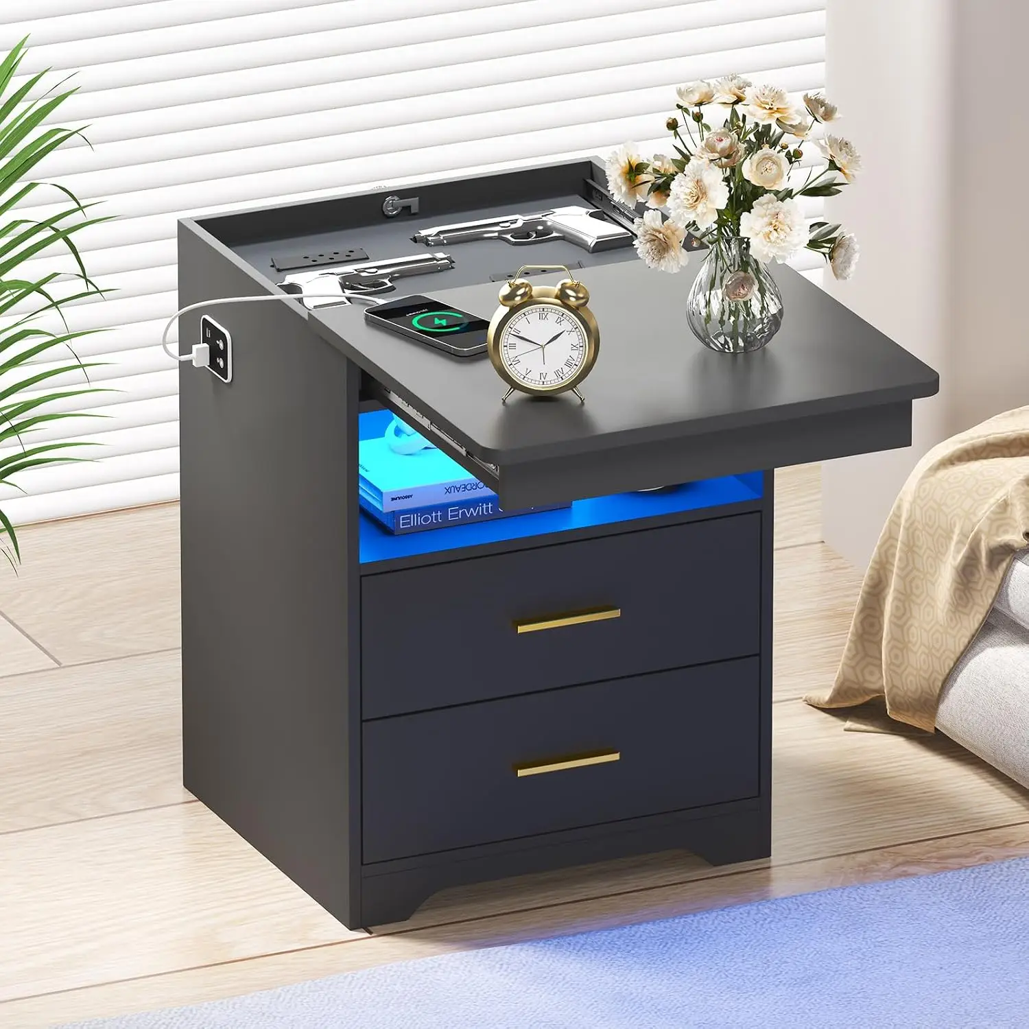 Lockable Nightstand With Gun Drawer, 3-Color LED & Charging Station, Customized
