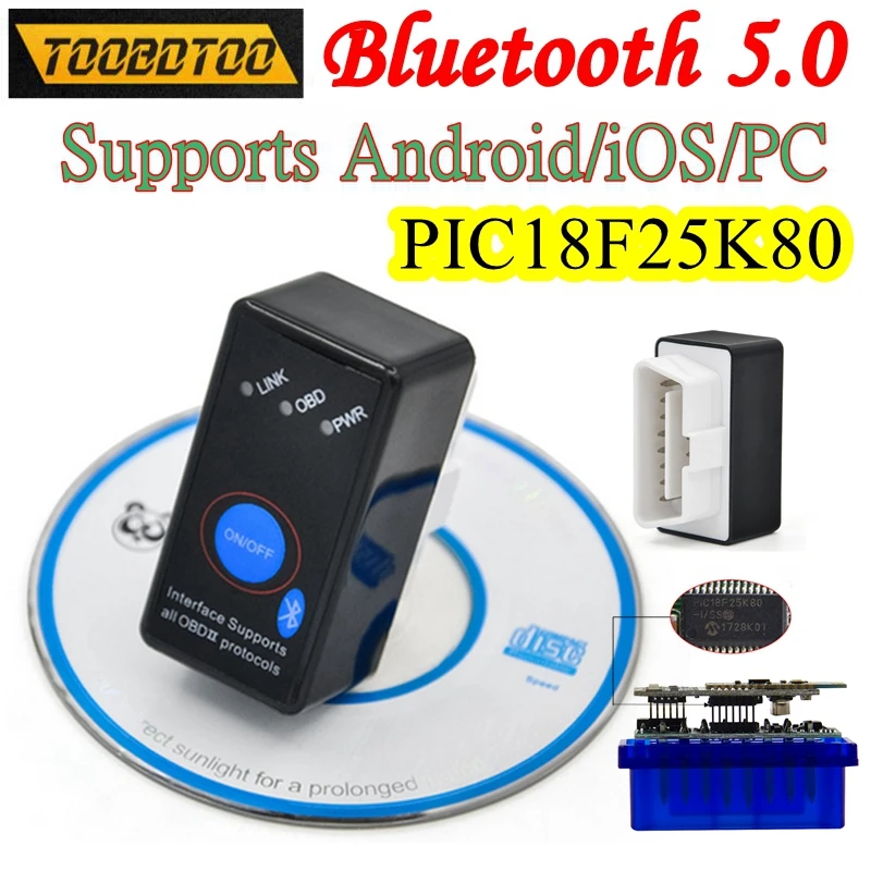 

PIC18F25K80 ELM327 V1.5 BT5.0 для IOS/Android/ПК 2 шт. кнопка сброса режим автоматического сна автомобильный диагностический инструмент сканер протоколы OBD2