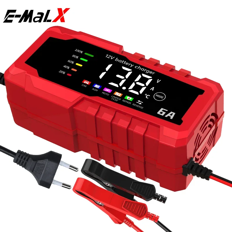 

6A 12V Color Screen Car Battery Charger Car and Motorcycle Battery Charging Device Lead-acid Battery Smart Repair