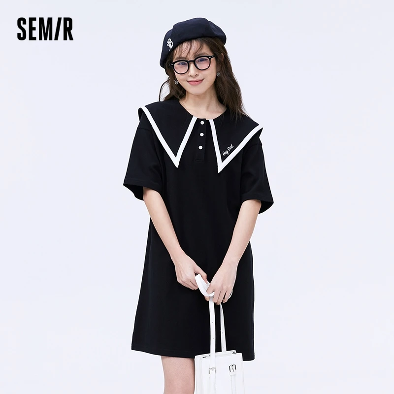 Semir Dress Women Polo Collar College Style Cotton Summer Gentle Literature Loose Split Straight Tube Dress Girl Feeling