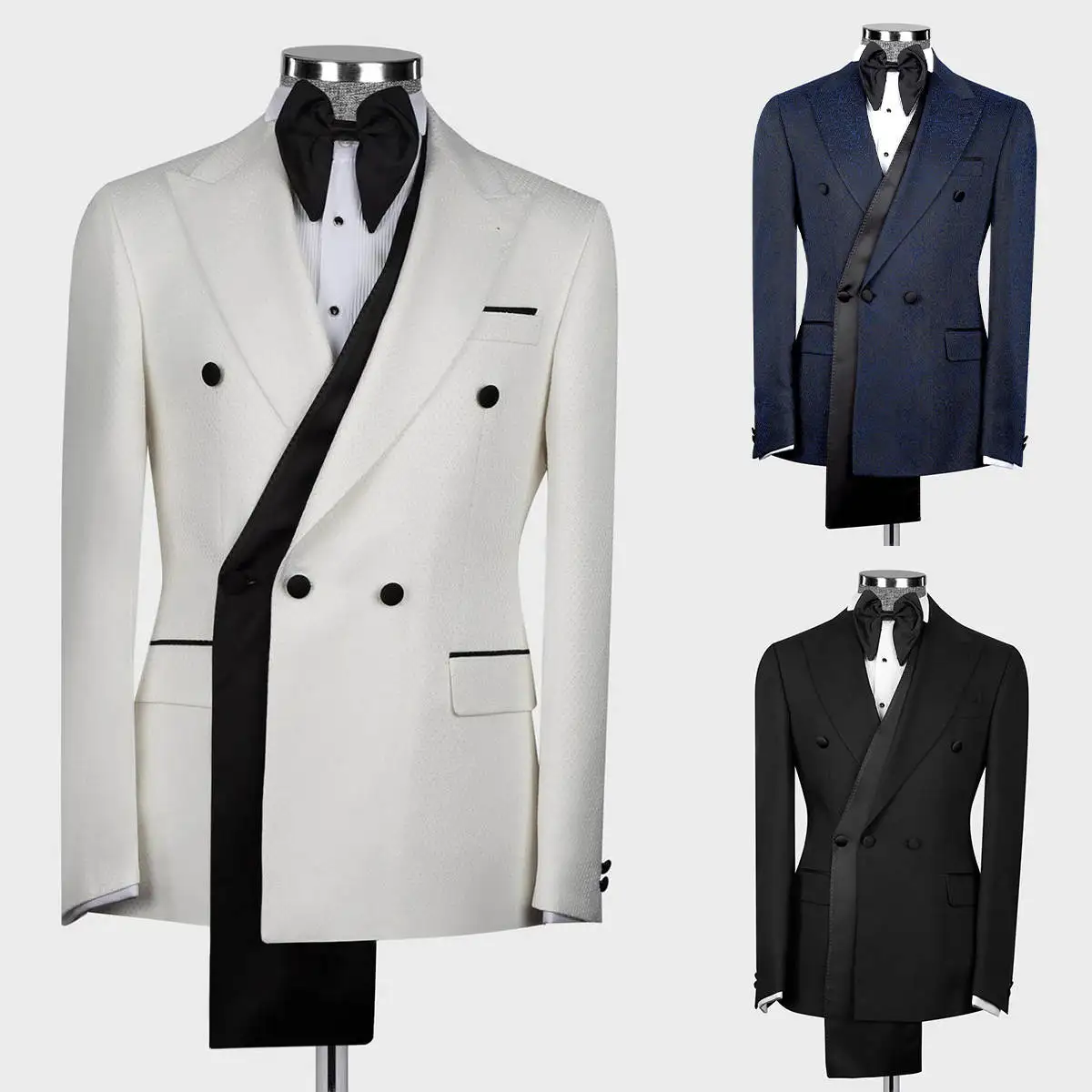 Classic Men Wedding Suits Peaked Lapel Double Breasted Placket Ribbon Tuxedos Groom Party 2 Pcs Blazer Pants Customized Suit