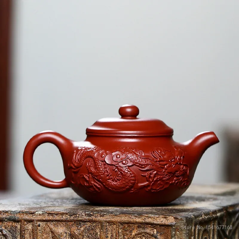 Chinese Style Dragon Patterned Teapots, Purple Clay Raw ore Dahongpao, Kung Fu Household, Handmade, 230ml Single Pot, New, 1Pc