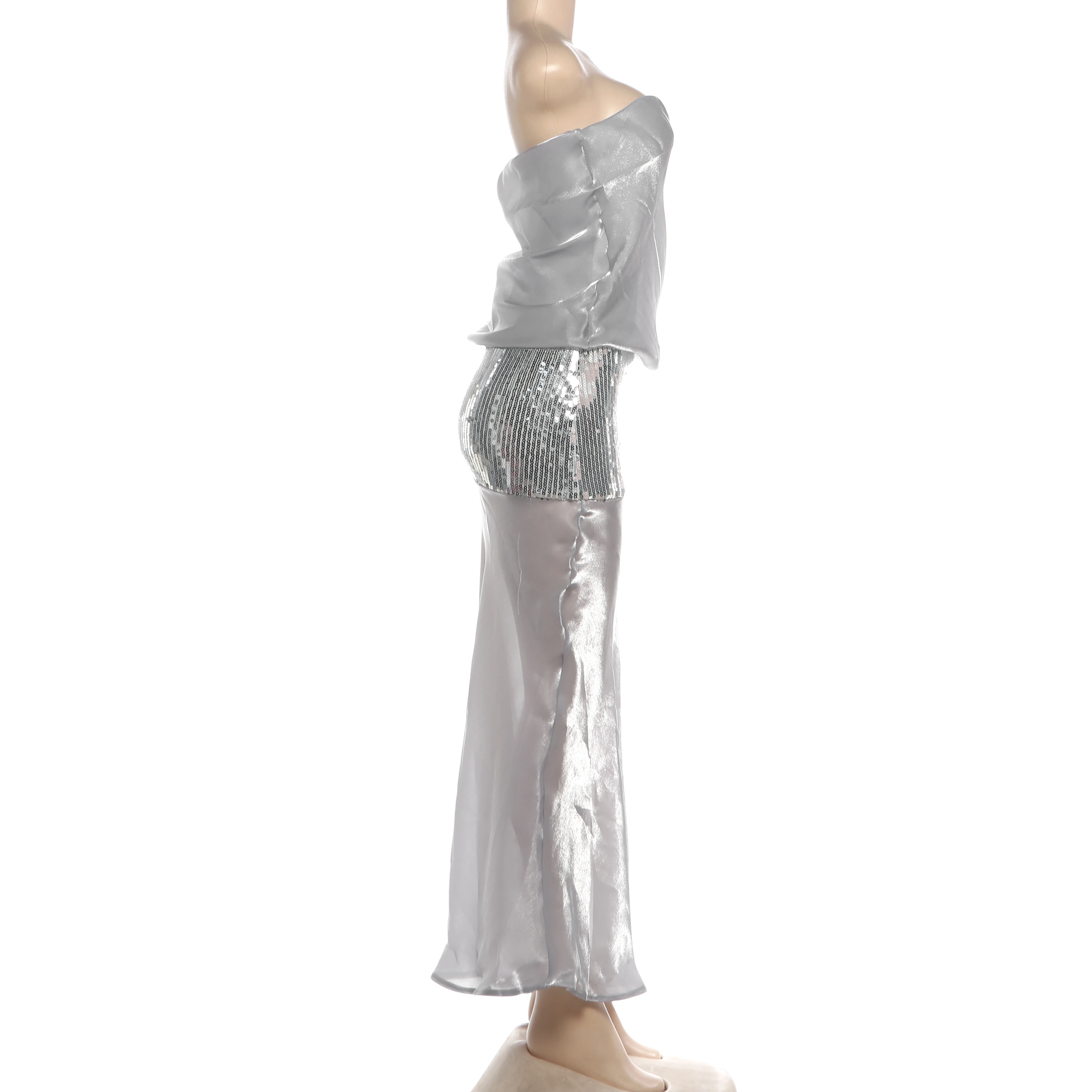 Nibber Modisches Kleid für Damen Sexy Sommer Schulterfreies Pailletten-Kleid Glänzendes Patchwork Mitternachts-Pfirsich Hüftbetonendes Sexy Clubwear Figurbetontes Maxi-Kleid – Detail 4