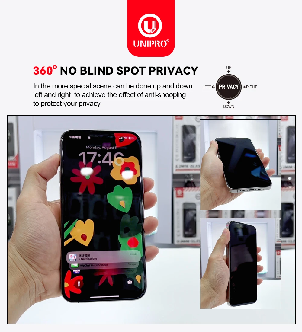 UNIPRO 360 Degree Privacy Screen Protector for iPhone 16 15 14 13 12 Pro Max 16 15 Plus Anti Spy Peeping Tempered Glass Film