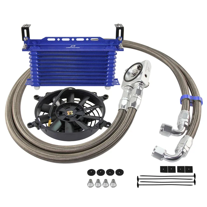 

Blue 13/15 Row Oil Cooler Kit w/ Bracket 7" Electric Fan Thermostatic 73±0.5° AN10 7/8"-14 UNF And 1/8" NPT Aluminum