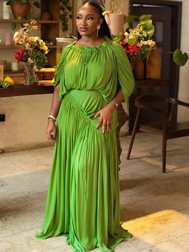 Elegant Olive Green Dress for Women Maxi Summer Dress Waist Draped Straight Type Pleated Party Dress