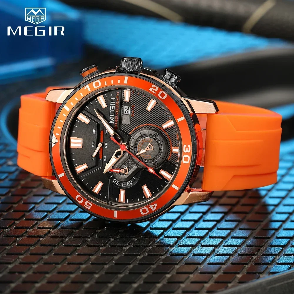 MEGIR Orange Silicone Strap Chronograph Sport Watch for Men Fashion Waterproof Wristwatch with Luminous Hands Auto Date 24-hour