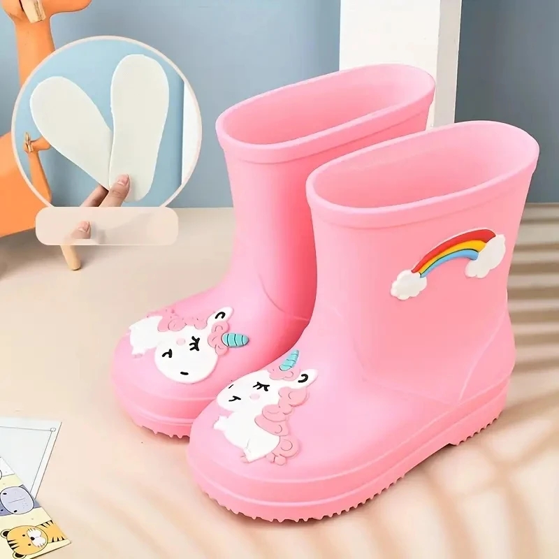 Simpatico cartone animato unicorno arcobaleno Slip On stivali da pioggia per ragazze, stivali da pioggia antiscivolo impermeabili per viaggi