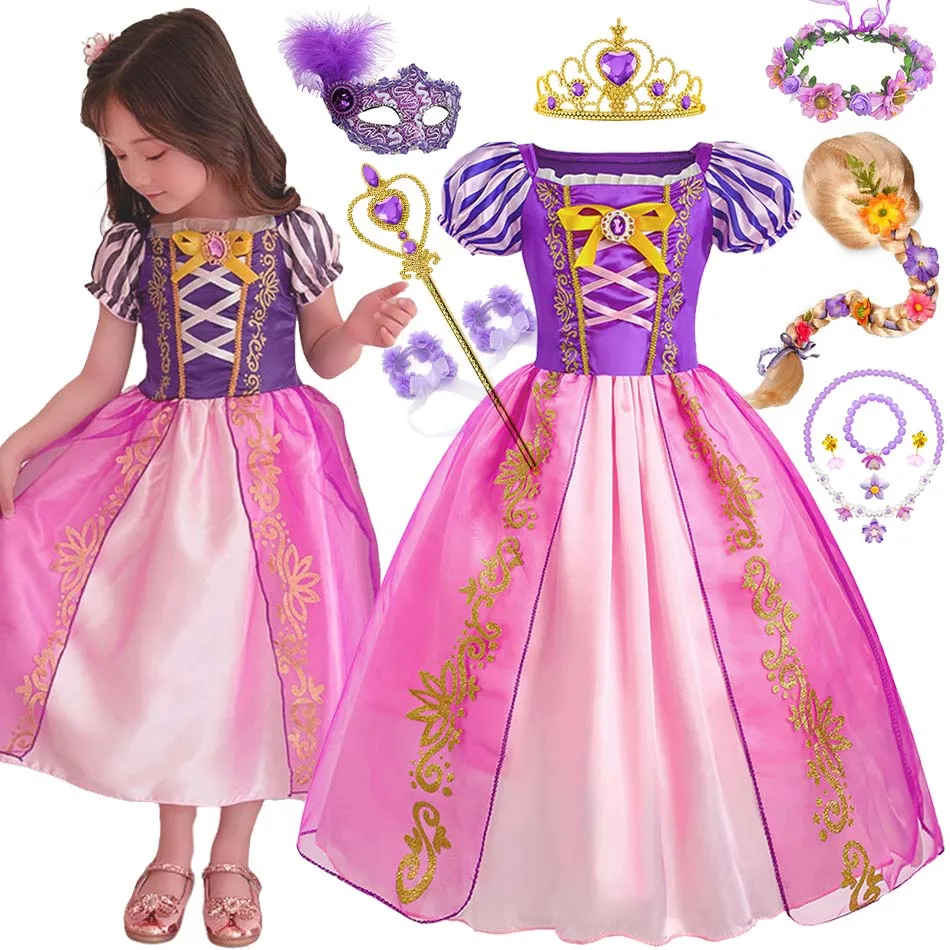 Girl Rapunzel Costume Birthday Party Tangled Magic Hair Princess Cosplay Dress Carnival Halloween Fantasy Role Playing Outfits