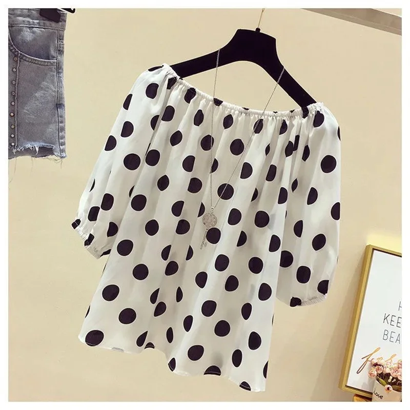 Women Spring Summer Style Loose Blouses Shirts Lady Casual Slash Neck Polka Dot Printed Blusas Tops