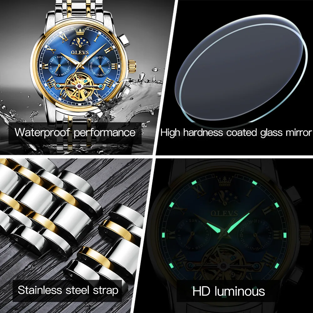 Reloj OLEVS para hombre, Reloj mecánico automático Stianless, marca superior, Reloj de pulsera de lujo con fase lunar y esqueleto, Reloj para hombres