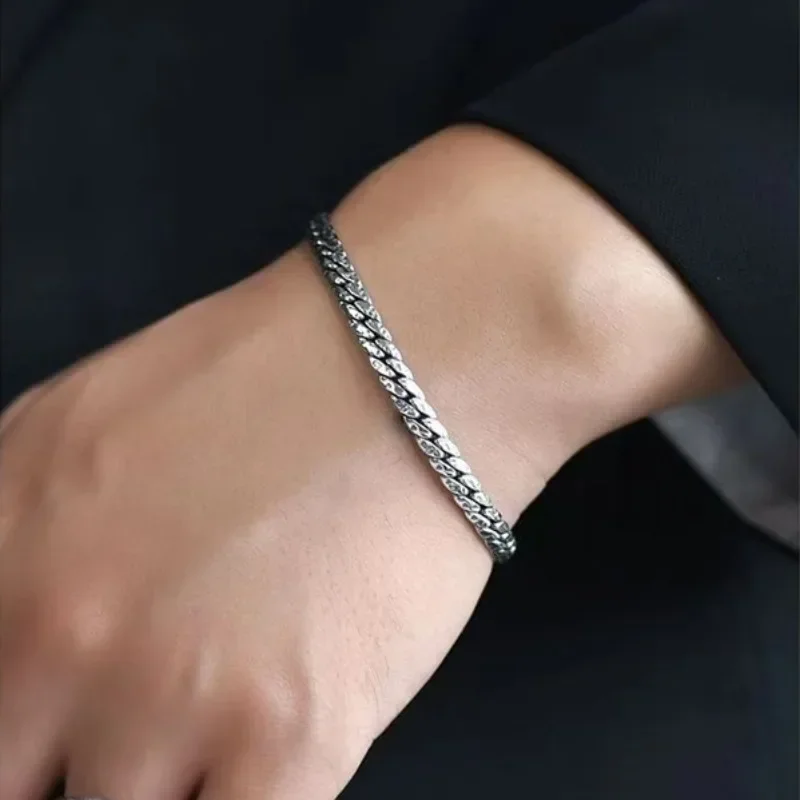 CHUANGCHENG Luxury Personality Men's Trend Retro 925 Silver Bracelet Design Simple Cuban Chain Bracelet Birthday Gift