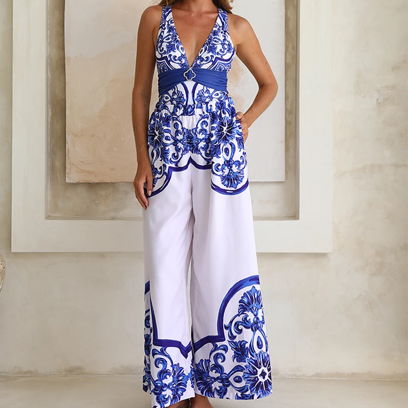 Trajes de baño para mujer 2025, vestido de playa con cuello en V, traje de baño de una pieza con estampado clásico de la serie Majolica, pantalones o pantalones cortos, ropa de playa