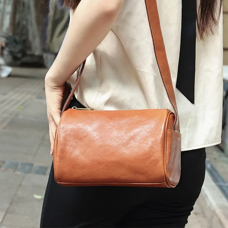 

Vintage Cylinder Crossbody Bag for Women Genuine Cowhide Leather Bags Casual Trendy Daily Versatile Solid Zipper Shoulder Purse