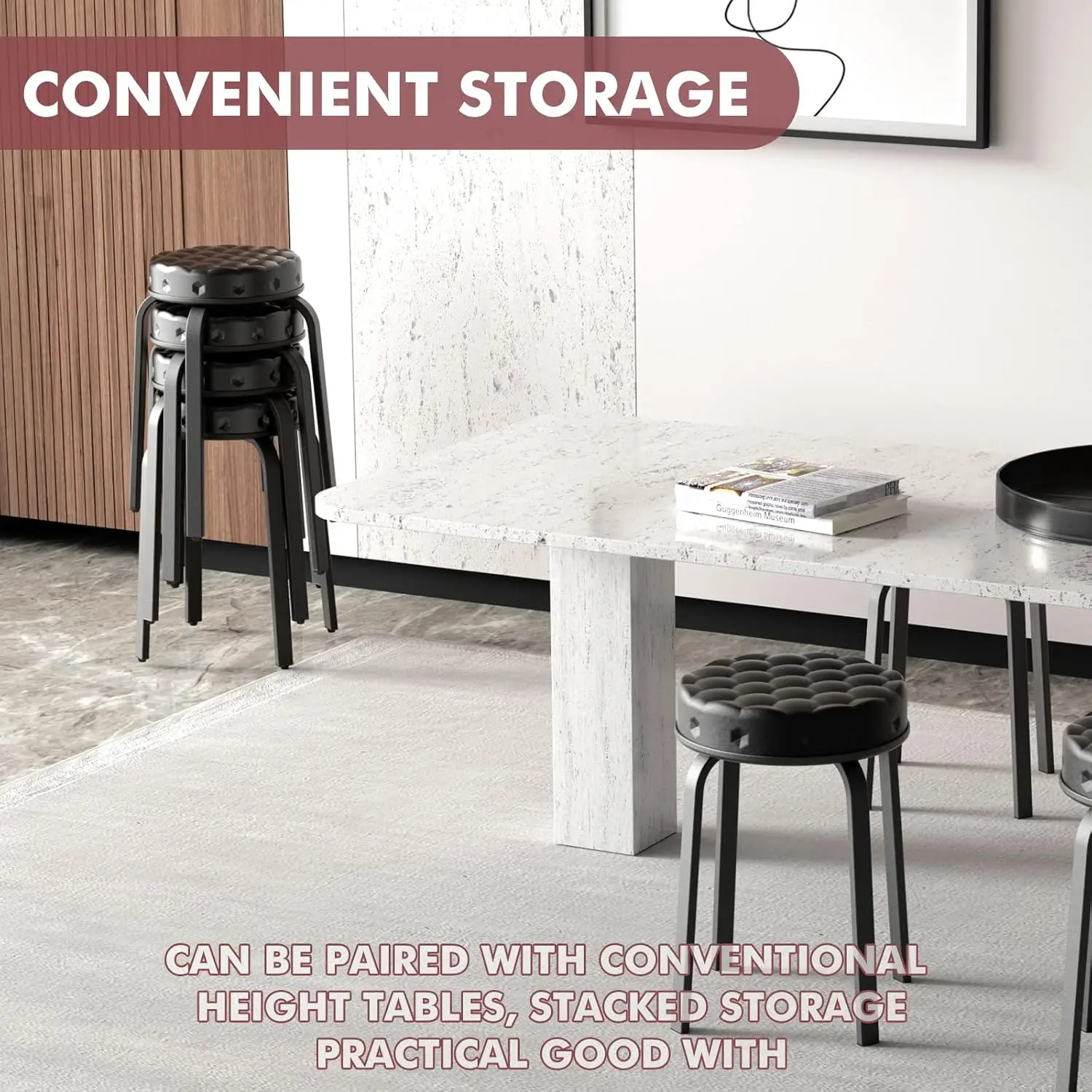 Modern Stackable PU Leather Stool Set of 2, Backless Round Design with Metal Legs for Kitchen, Dining Room, Party, Black