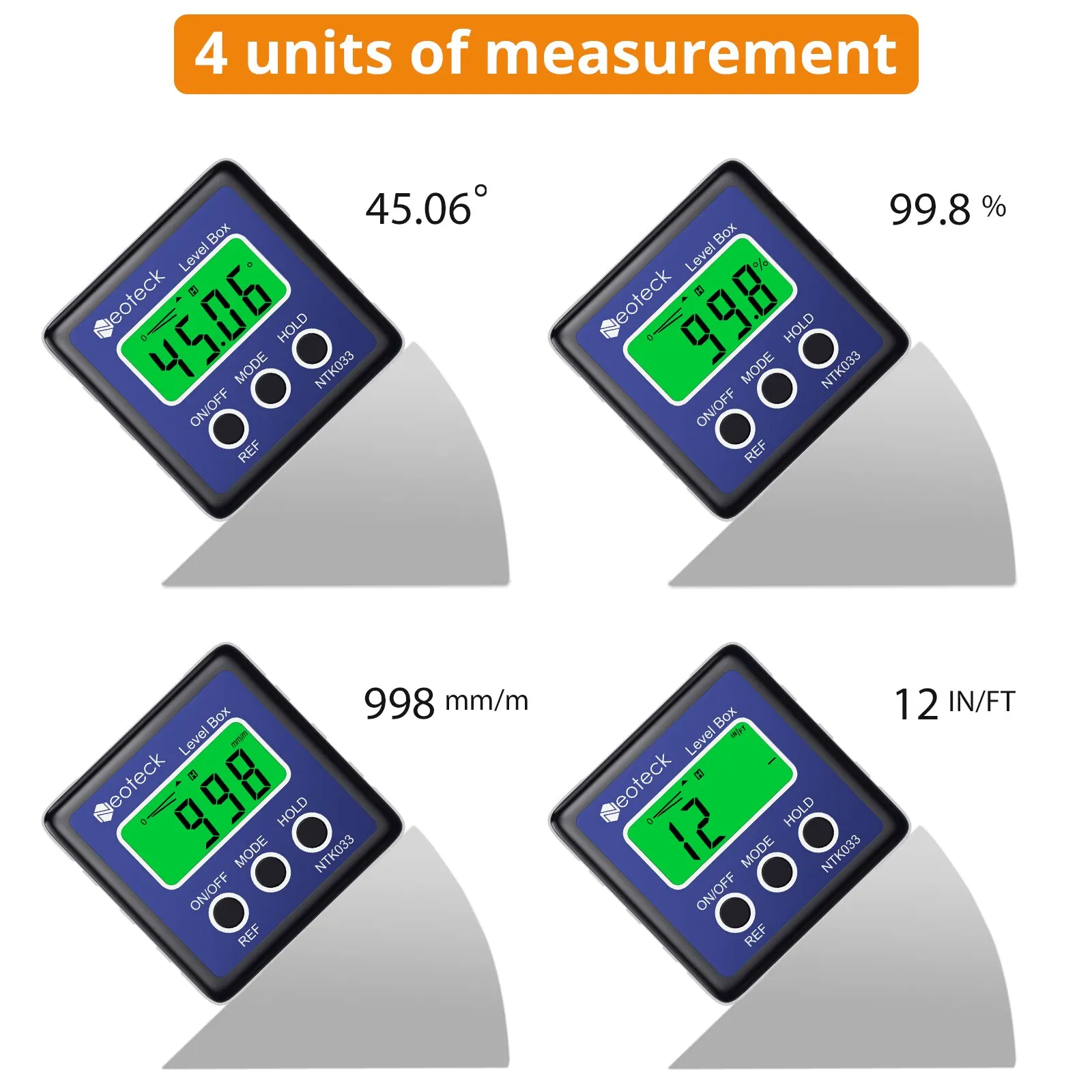 Neoteck 4*90° Digital Angle Finder Bevel Gauge Protractor Inclinometer Digital Level Box Measurement Tool Orange Blue Red Color