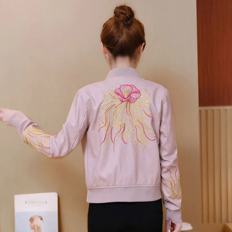 New Spring Autumn Locomotive Leather Jacket Female Short Embroidery Crew Neck Baseball Uniform Loose Ladies PU Leather Outcoat