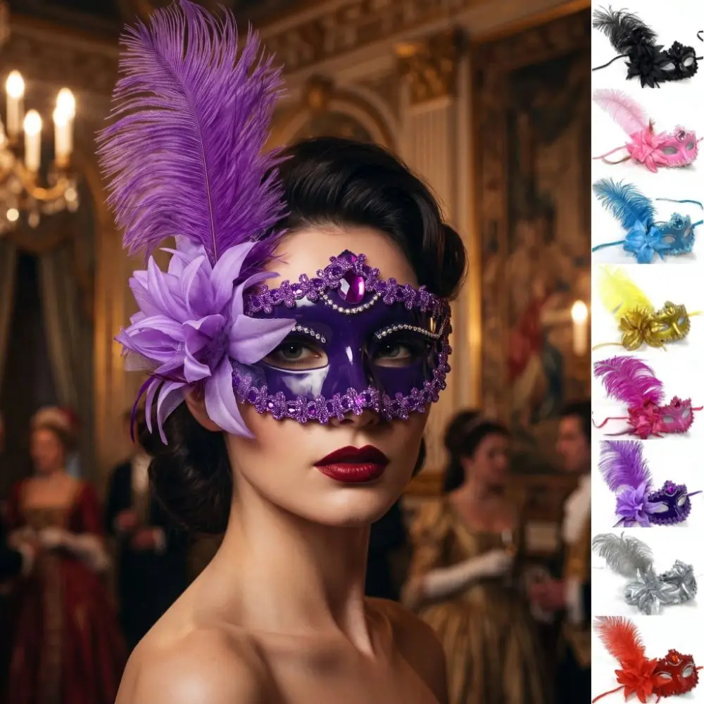 Creative Rhinestone Half-Face Mask Multicolor Flower Feather Mask Cosplay Masquerade Halloween Festival Party Mask Ladies