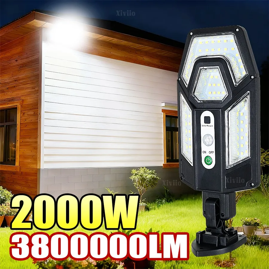 

3800000LM 2000 Вт Солнечный свет Наружный датчик движения Настенный светильник Водонепроницаемый солнечный свет Прожектор Наружные солнечные фонари для сада, двора, улицы