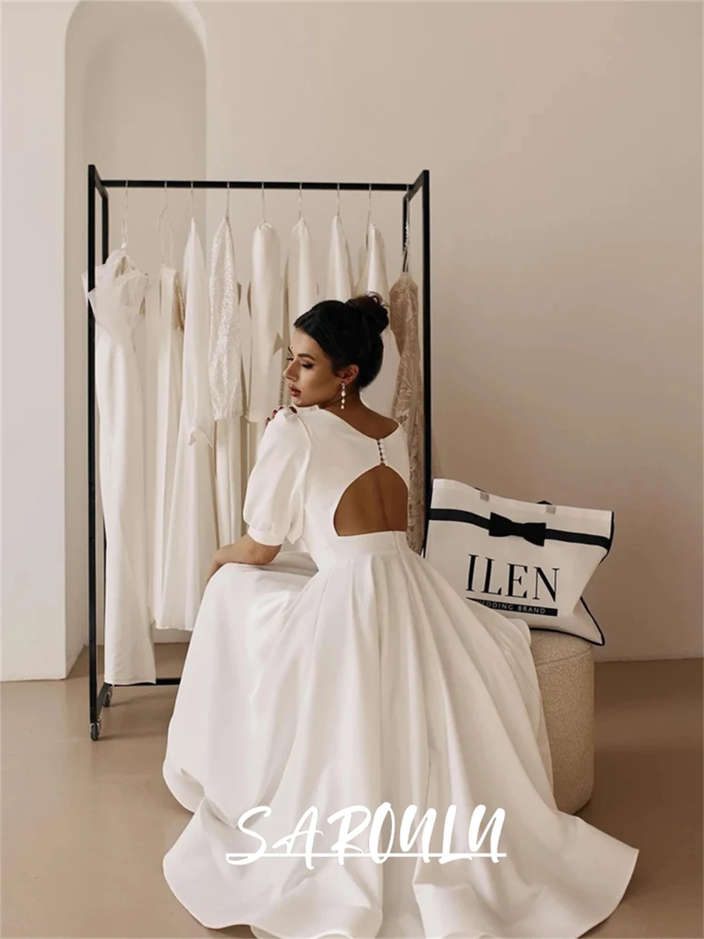 Midi Elope Wedding Dress, Tea Length Reception Dresses, Engagement Dress With Half Sleeves Open Back Bridal Gown