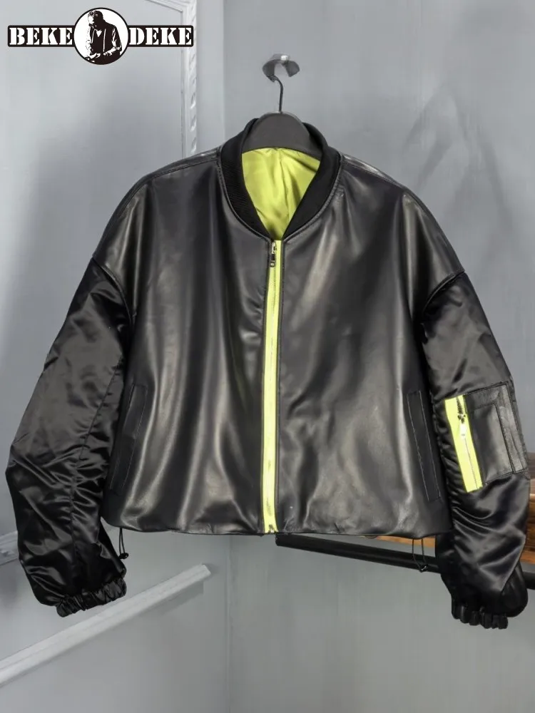 Office Ladies Genuine Leather Mixed Color Zipper Short Jacket Loose Sheepskin Long Sleeves Pocket Elastic Waist Top Quality Coat