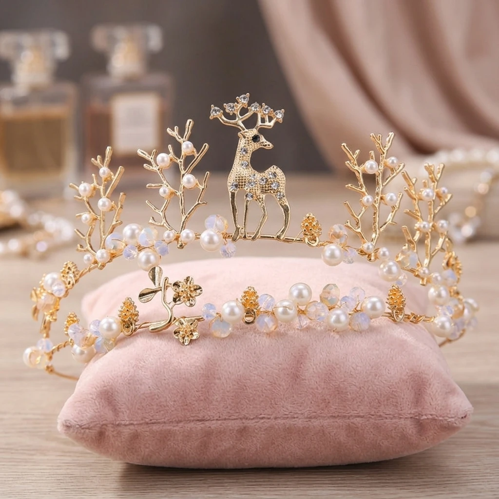 Princess Crown Elegant Birthday Party for Girls Beads Deer Headband Flower Hair Accessories Kids Performance Hairbands Ornaments view 6