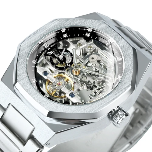 Reloj Automático Forsining plateado para hombre, esfera de diamante 3D, Tourbillon Irregular, esqueleto, relojes de pulsera mecánicos, reloj de manecillas luminosas