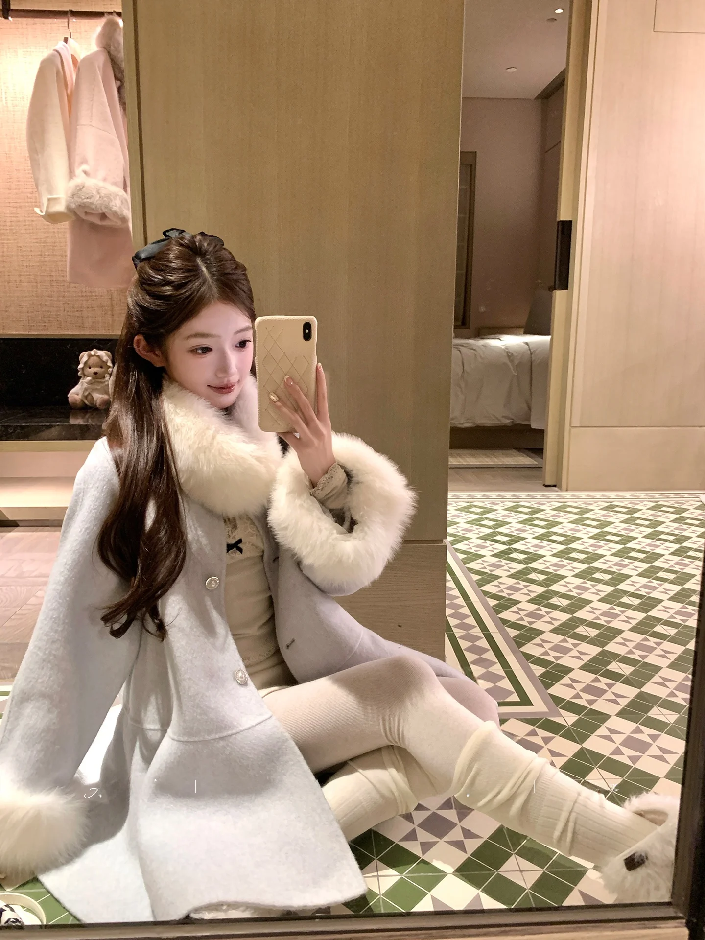 

Женское двустороннее шерстяное пальто Acaine с длинным меховым воротником, зимняя куртка, эксклюзивная зимняя верхняя одежда для электронной коммерции