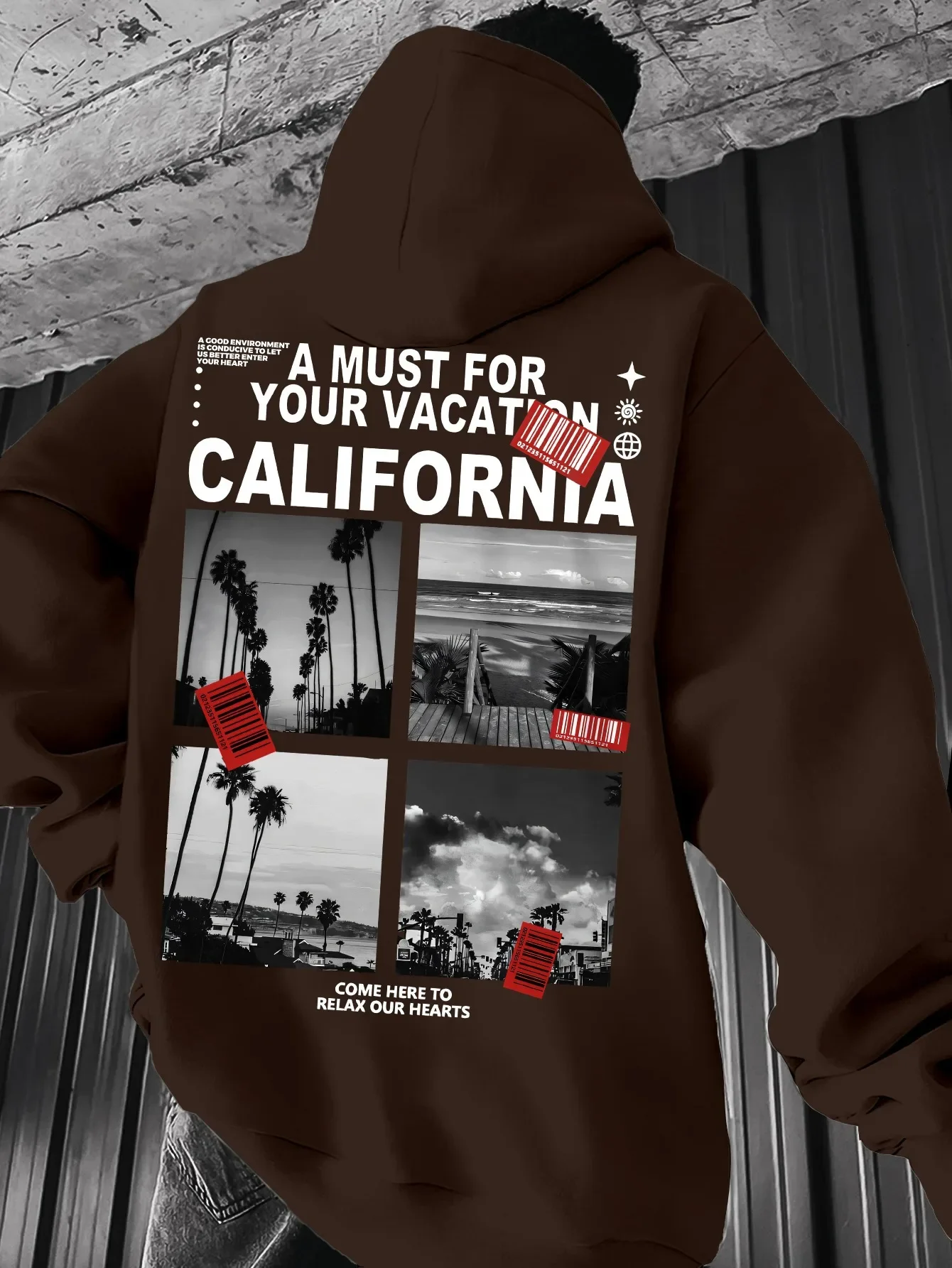 Vintage California Street Hoodie For Men Black‑White Palm Beach Spliced Photo Back Large Graphic Unisex Loose Long Sleeve