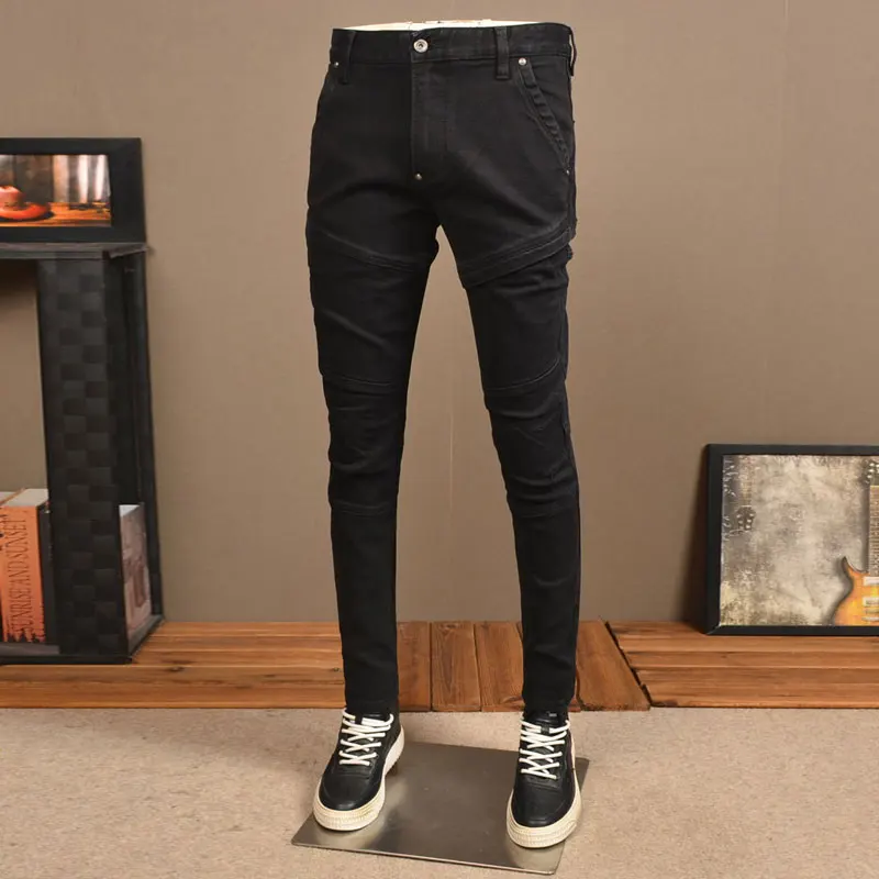 Streetwear Fashion Men Jeans Black Stretch Slim Fit Spliced Designer Biker Jeans Homme Patched Hip Hop Denim Punk Pants Hombre