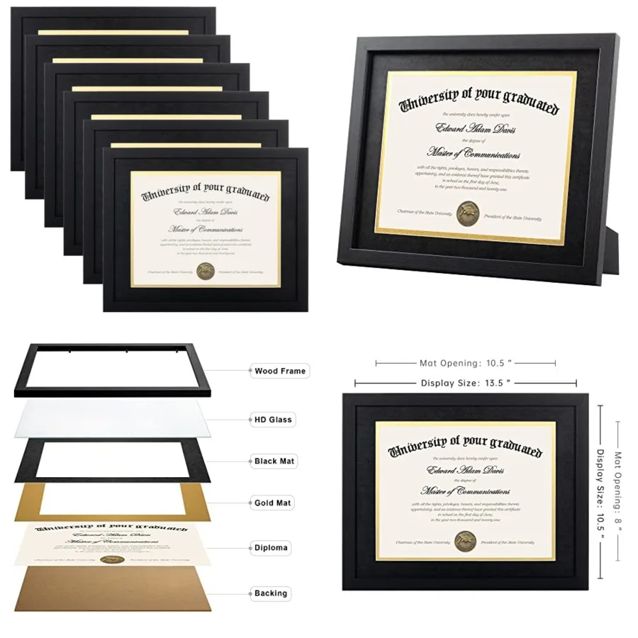 

11x14 Diploma Frame Certificate Degree Document Frame with High Definition Glass, 8.5 x 11 with mat for Wall and Tabletop, Black Double Mat, 6 Pack
