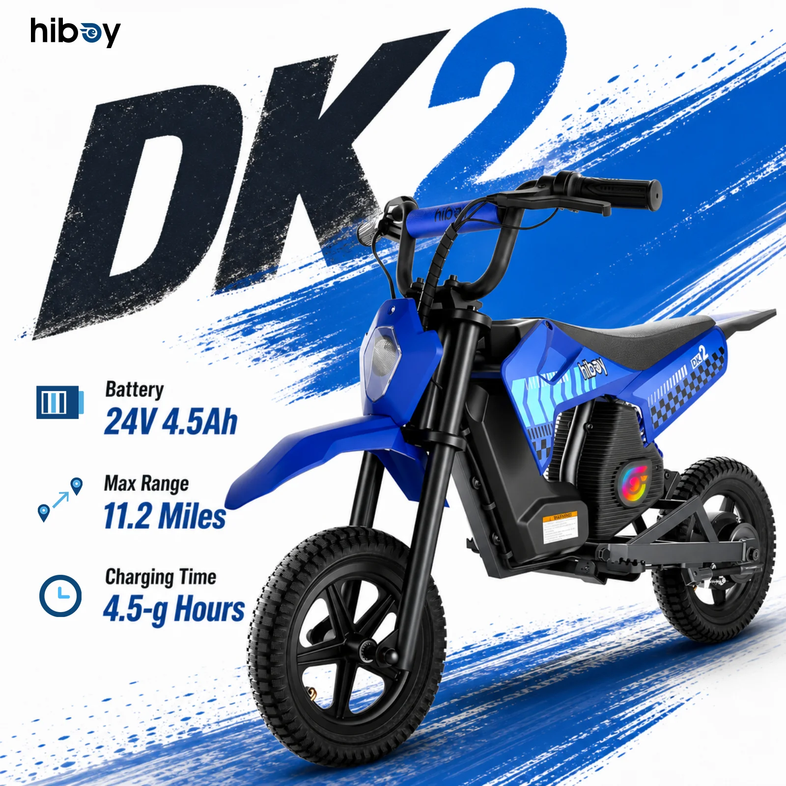 Hiboy DK2 Kids Electric Dirt Bike, 300W Peak Motor, 13 MPH, 11.2-Mile Range, 3-Speed Off-Road Motorcycle, Ages 3-7