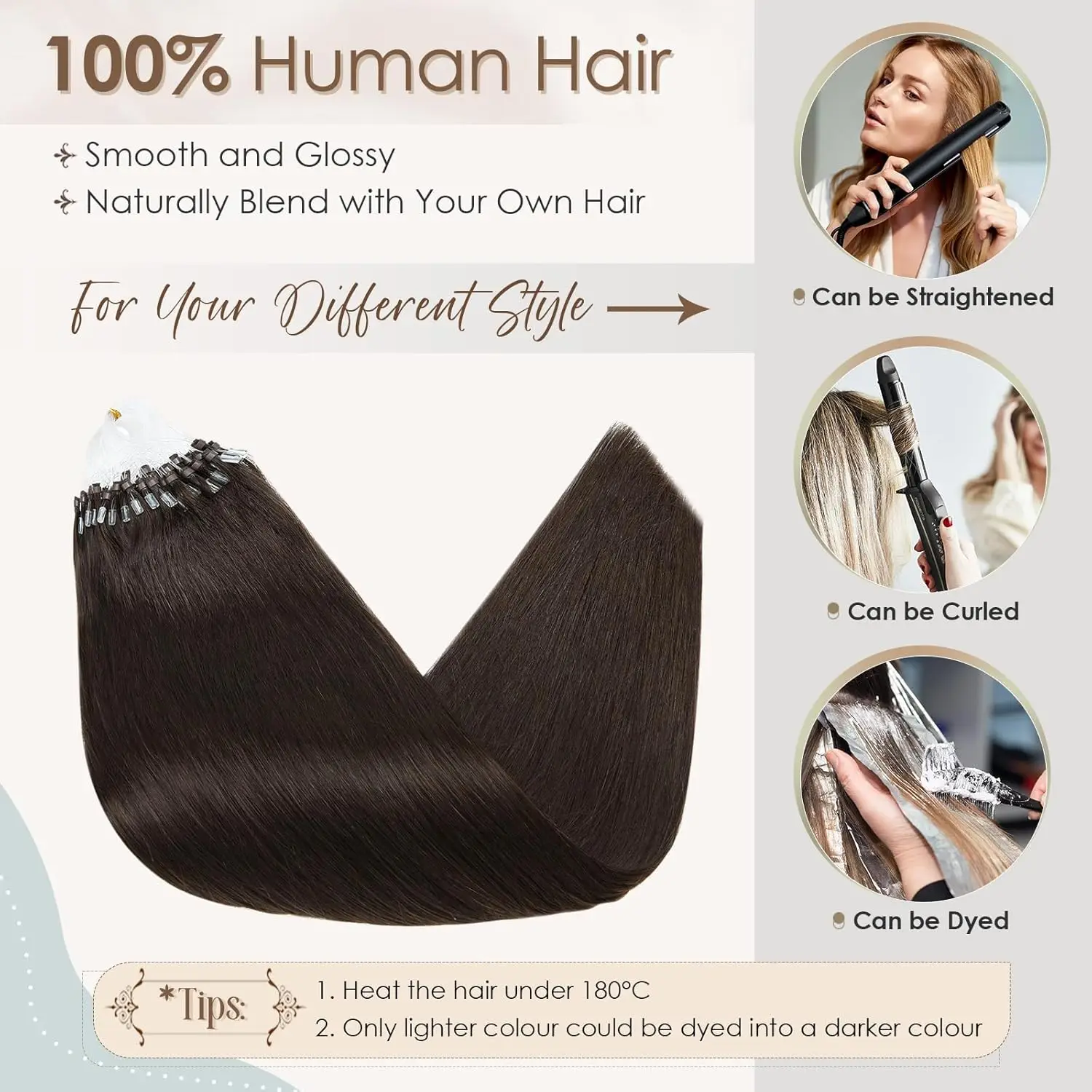Micro Loop Human Hair Extensions - 50 Strands Thick Straight Clip-In Hair for Instant Volume & Length