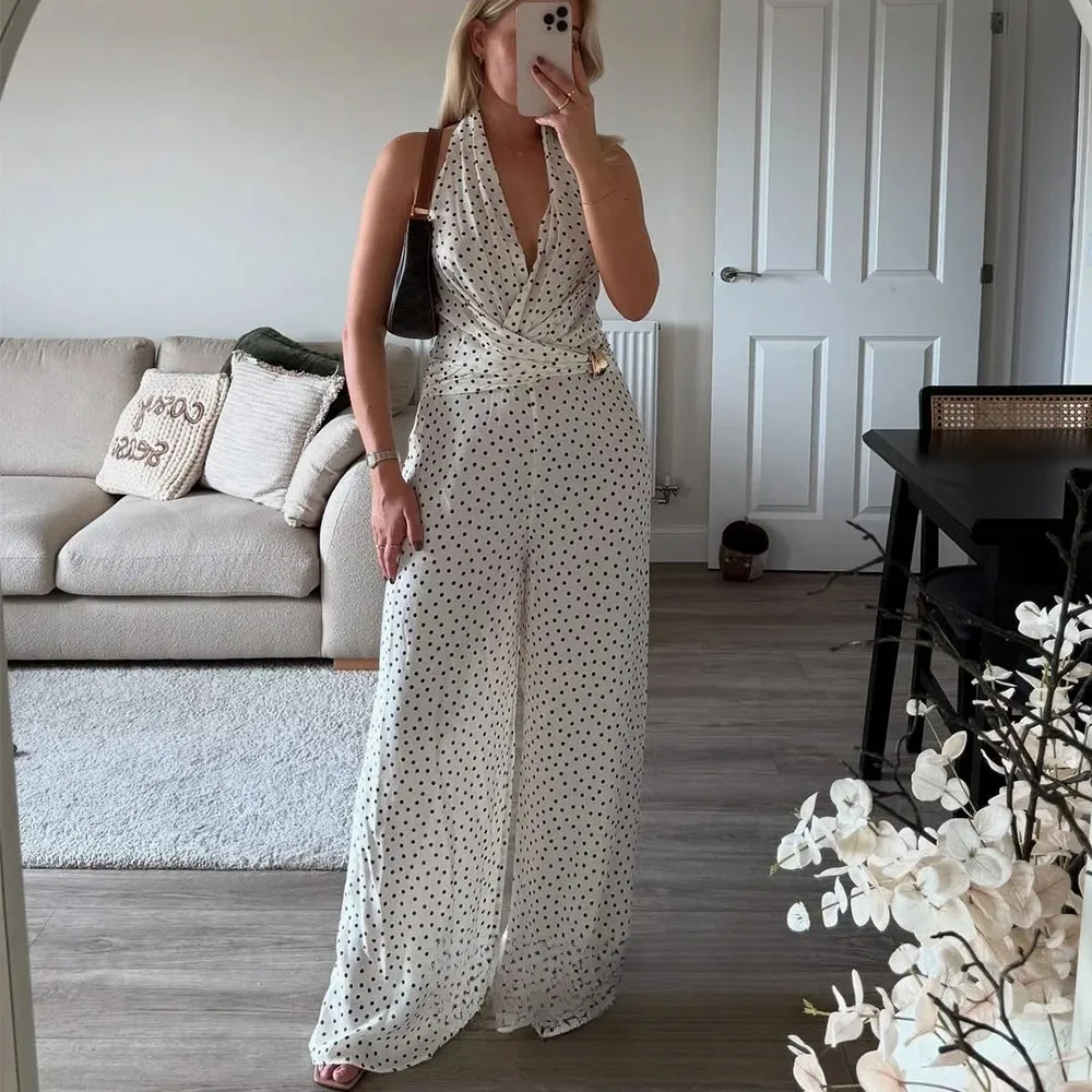 

KONDALA повседневные женские комбинезоны в горошек с v-образным вырезом, свободные брюки с лямкой на шее, модные осенние комбинезоны 2025 года с лямкой на шее и открытой спиной, уличные комбинезоны