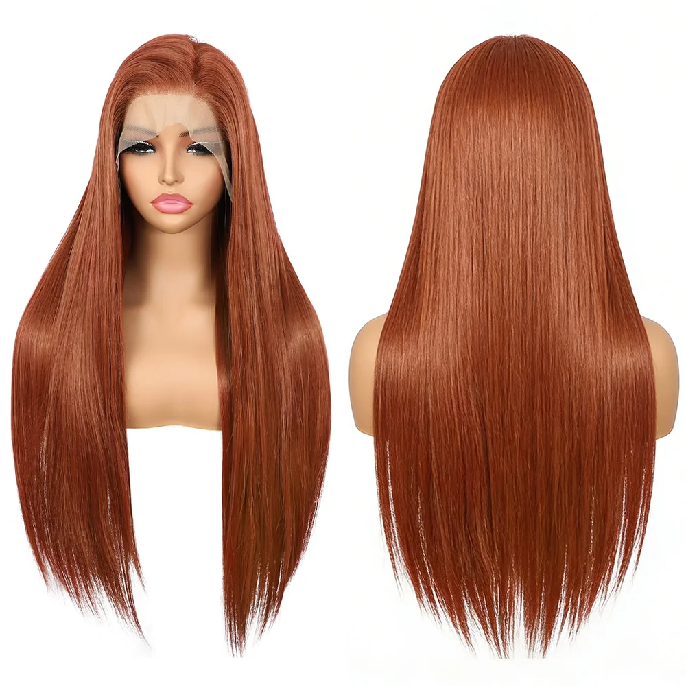

13×4 Lace Front Wig 26" Long Straight Ginger Brown For Women Natural Hairline Heat Resistant Synthetic Hair Daily Wear Cosplay
