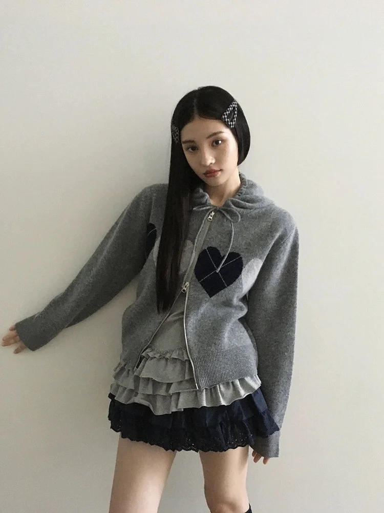 

Women's Knitted Zipper Hoodie Sweater Diamond Pattern Slimming Faion Autumn Winter College Sle Heart aped Open Cardigan