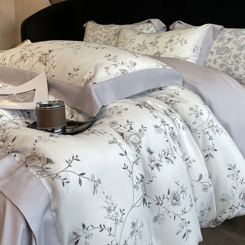 Luxury Digital Printing Flowers and Plants Bedding Set Lyocell Eucalyptus Fiber Soft Silky Duvet Cover Bed Sheet Pillowcase 4Pcs