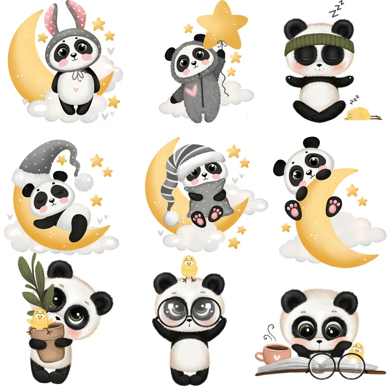 9 pezzi Pandas sdraiato sulla luna di notte adesivi per cartoni animati accessori lavable de transferencia de calor, presa de bricolaje, nuev