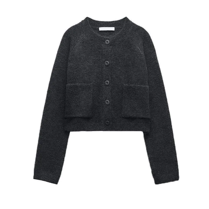 

Woman's Knitted Cardigan Round Neck Single-breasted Slim Fit Solid Color Long Sleeves Cropped Sweater Early Autumn New Top