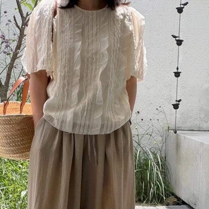

Women's Faion ort Sve irt Summer 2025 Folded Design High-End Feeling Sli Inner Lined Top Quali Ladies' Blouse