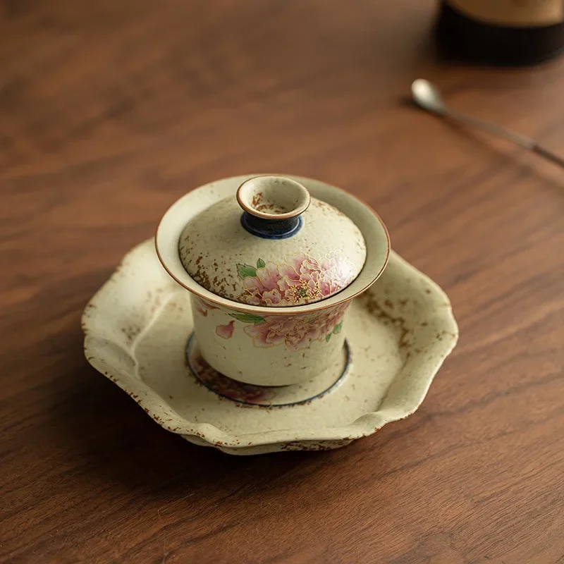 Jingdezhen Blue and White Flint Red Gold Silk Peony Cover Bowl Large Pot Bearing Three Talent Horseshoe Cover Bowl KungFu TeaSet